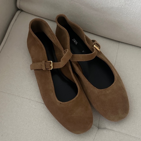 Zara Tan Suede Mary Jane Flats - Picture 1 of 1
